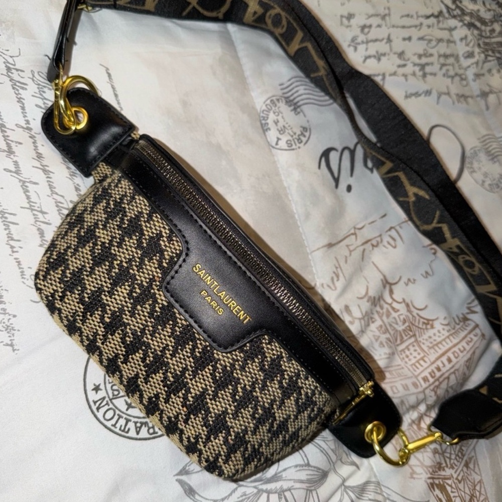 YSL- Saint Laurent Houndstooth Belt Bag with Gold Accents